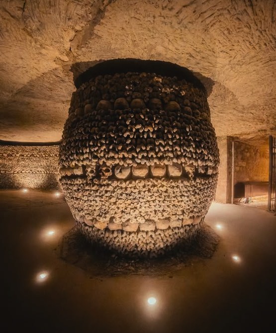 The barrel-shaped column of stacked bones known as the Tonneau, in the Crypt of the Passion