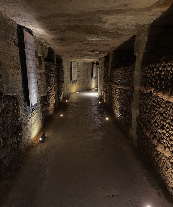 A lit gallery in the Paris Catacombs with bone-lined walls running into the dark