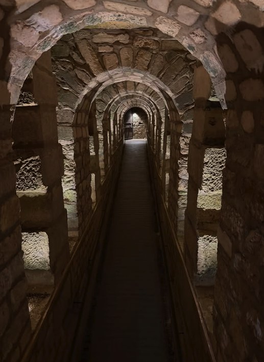 A vaulted stone passage on the
Paris Catacombs route